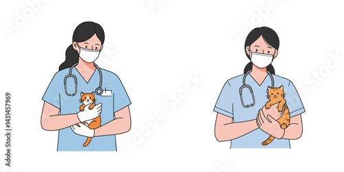 Veterinary assistant holding a kitten, pet care and animal health concept