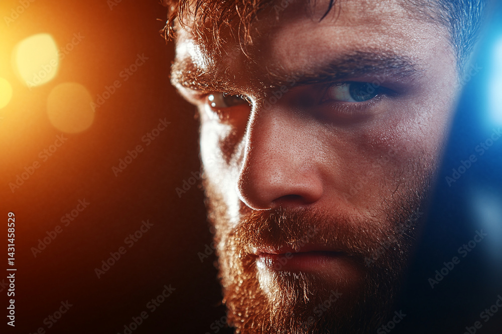 Obraz premium Fighter concentrates while practicing punches on a heavy bag during a training session in a gym environment