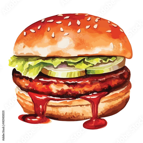 cheeseburger with pickles and ketchup cute watercolors illustration on white background