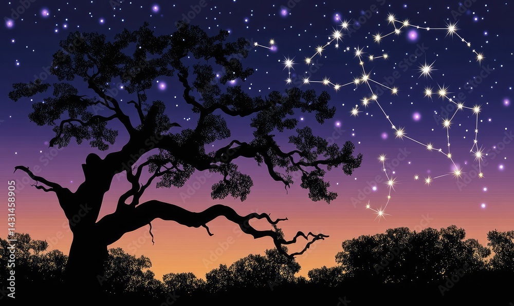 Silhouette of a large tree against a twilight sky, with a prominent constellation visible Silhouette of a large tree against a twilight sky, with a prominent constellation visible