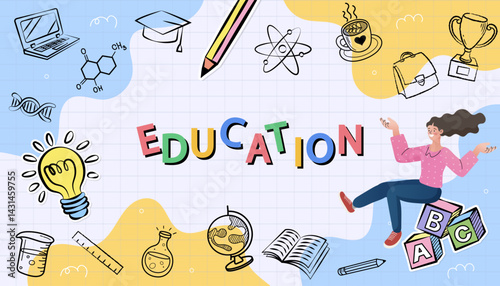 Doodles education. Hand drawn vector pattern background back to school with icon symbols. Doodle of foreign language education course for home online training study. Vector, Flat design, illustration.