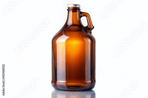 Brown Glass Growler with Handle, Full of Beer - Isolated on White Background