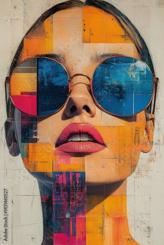 Woman portrait with geometric colorful abstract design wearing sunglasses looking forward.