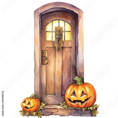 carved pumpkin on a doorstep cute watercolors illustration on white background