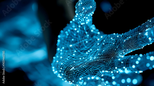 examining her own hand as it phases between solid and digital forms.