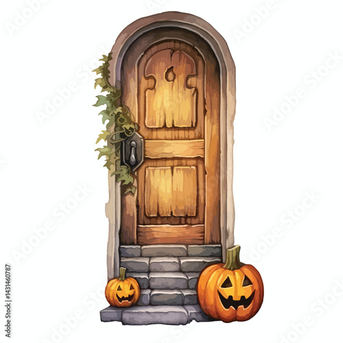 carved pumpkin on a doorstep cute watercolors illustration on white background