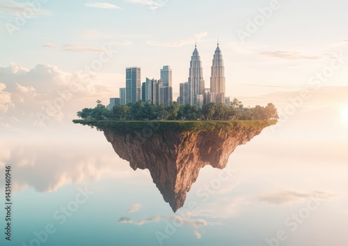 Floating city island, serene sunset, calm waters, reflecting cityscape