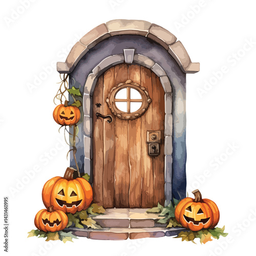 carved pumpkin on a doorstep cute watercolors illustration on white background