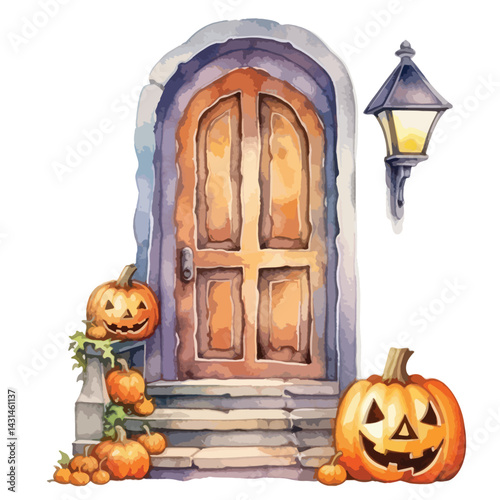 carved pumpkin on a doorstep cute watercolors illustration on white background