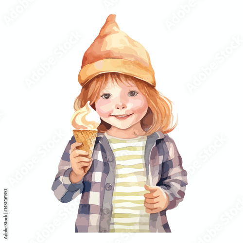 child holding a dripping ice cream cone cute watercolors illustration on white background