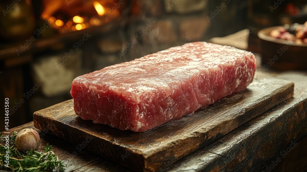 Raw meat block sits on wooden board near fireplace rustic kitchen setting. Raw meat block sits on wooden board near fireplace rustic kitchen setting.
