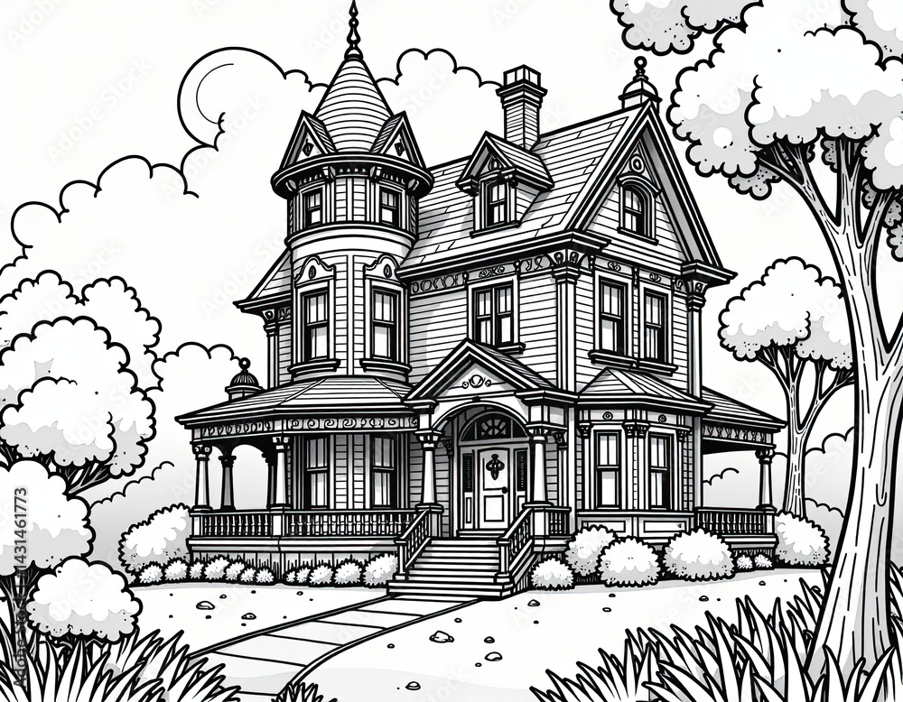 Fototapeta premium Black and White Victorian House Illustration - Line Art Drawing