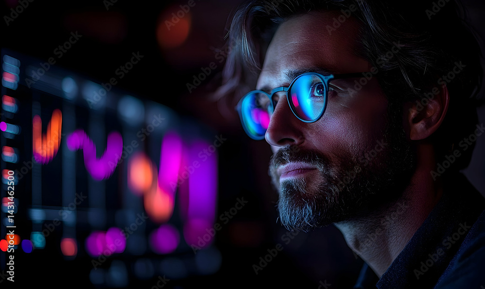 Focused man analyzing colorful data visualizations on a screen in a dimly lit room Focused man analyzing colorful data visualizations on a screen in a dimly lit room