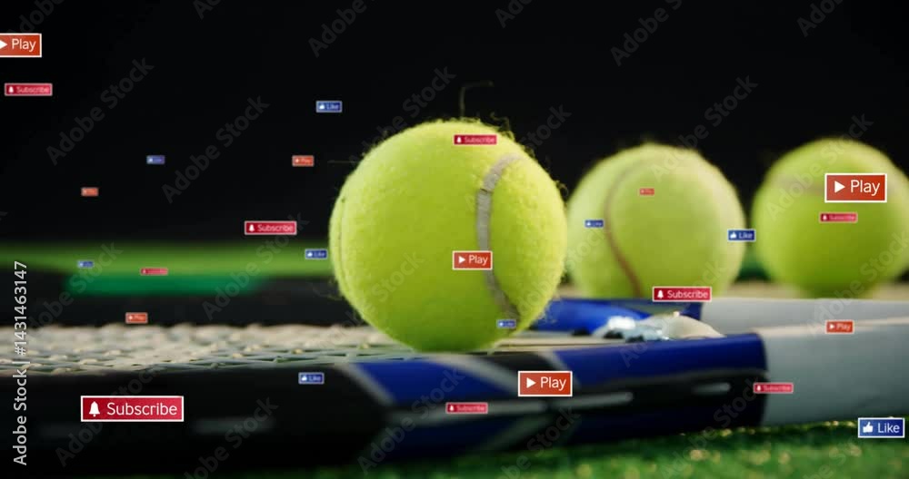 Tennis ball floating over racket resting on green court while social icons rotating in flat design