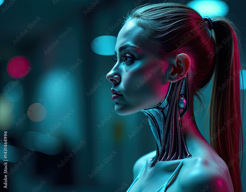 Cyberpunk Woman, Futuristic Female Portrait, Neon Light, AI, Robot Neck