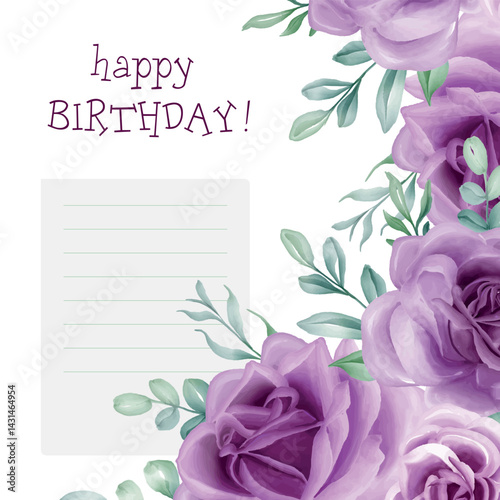 WElegant birthday card featuring purple lilac roses and soft green leaves. The text says "Happy Birthday !" with a lined space for a personal message. Ideal for heartfelt wishes.eb