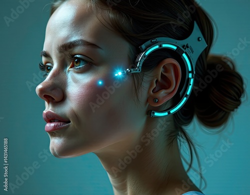Futuristic Woman with Cybernetic Implant, Technology and Beauty