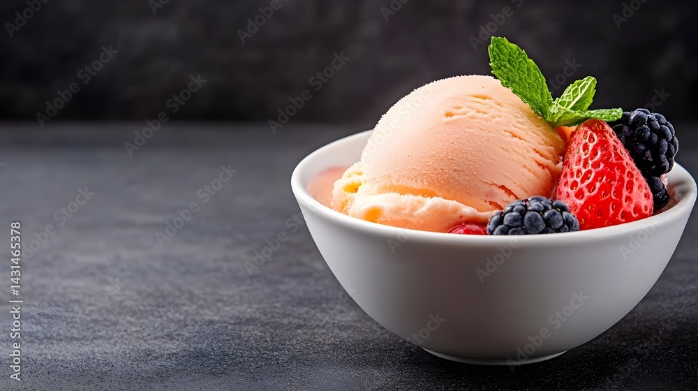 Peach ice cream with strawberries and blackberries in a bowl Peach ice cream with strawberries and blackberries in a bowl