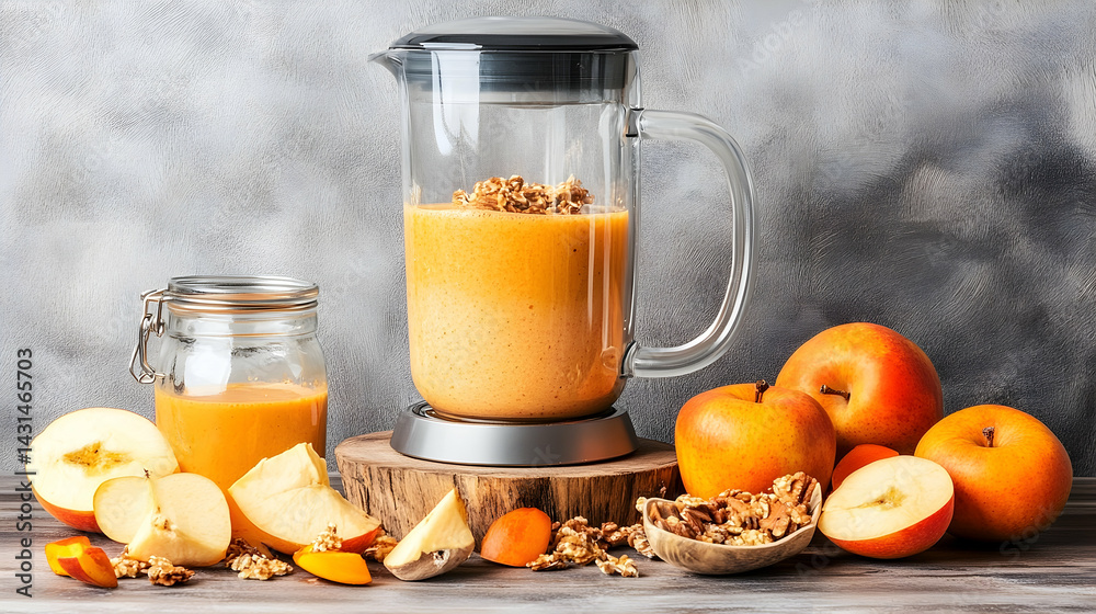 Freshly blended smoothie in a jar and a blender, surrounded by apples and nuts on a rustic table Freshly blended smoothie in a jar and a blender, surrounded by apples and nuts on a rustic table