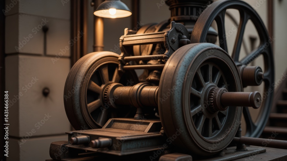 Obraz premium Vintage Industrial Machine: Detailed Close-Up of Antique Engine with Wheels, Gears, and Steampunk Aesthetic