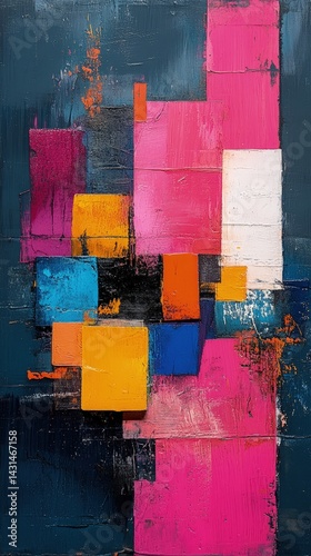 Abstract art with geometric shapes and vibrant colors on a dark background.