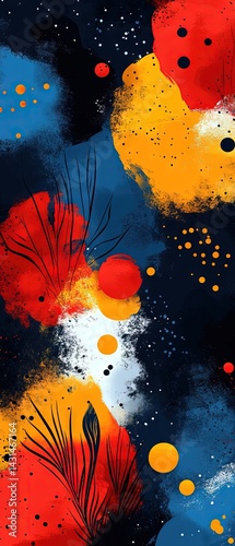Abstract art featuring red yellow and blue colors with a dark background.