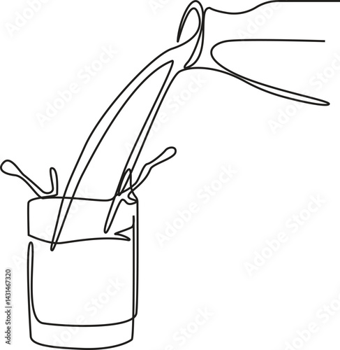 Pour milk from bottle to glass one line continuous. Line art bottle and glass milk. Hand drawn vector editable storke.