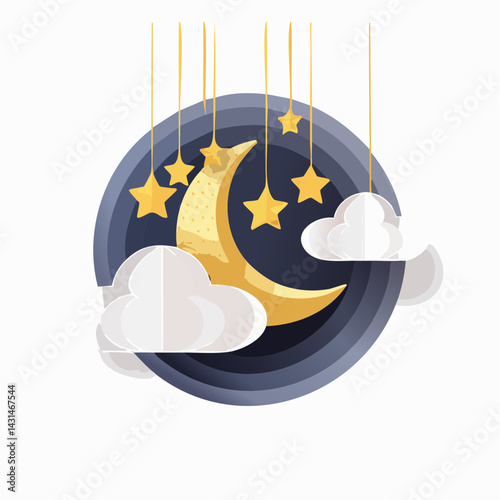 Fluffy clouds on dark sky background with gold moon and hanging 3d stars. Vector illustration. Paper cut style. 