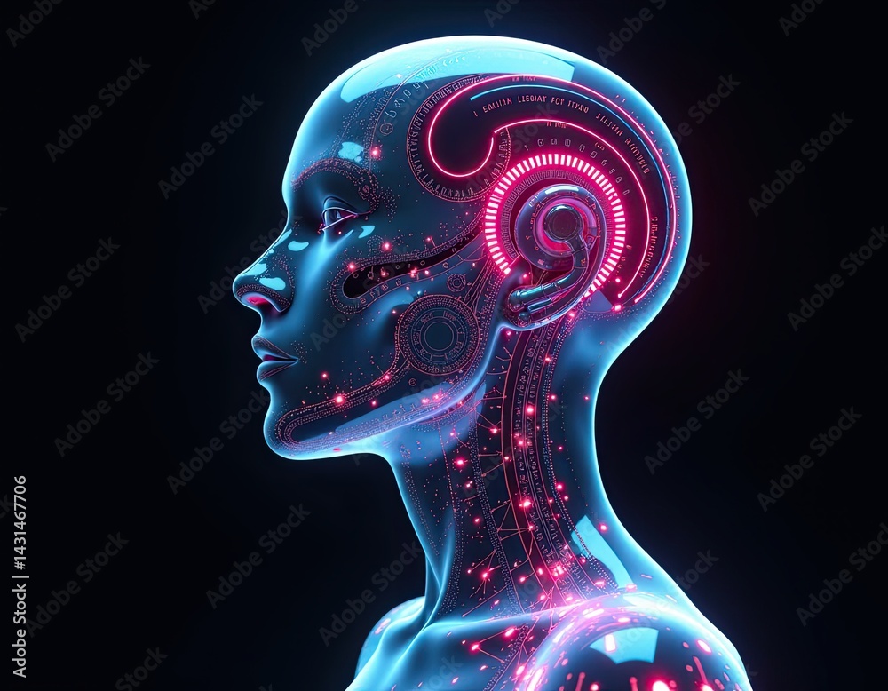 AI Woman, Futuristic Cyborg Head, Digital Brain, Technology Concept