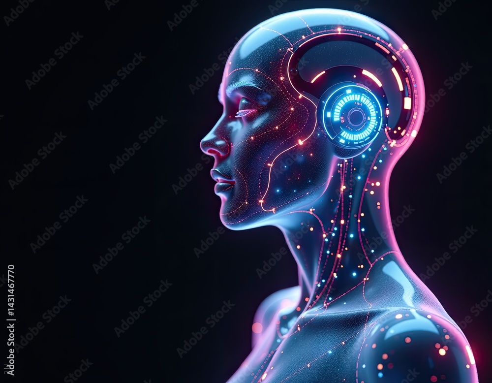 Futuristic AI Woman, Cyborg Head Profile, Neon Lights, Digital Art