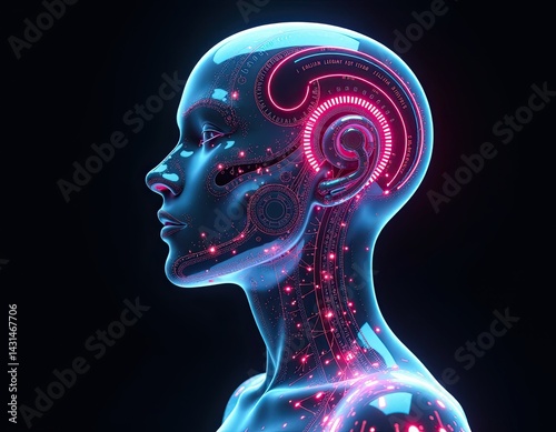 Obraz na płótnie AI Woman, Futuristic Cyborg Head, Digital Brain, Technology Concept w salonie
