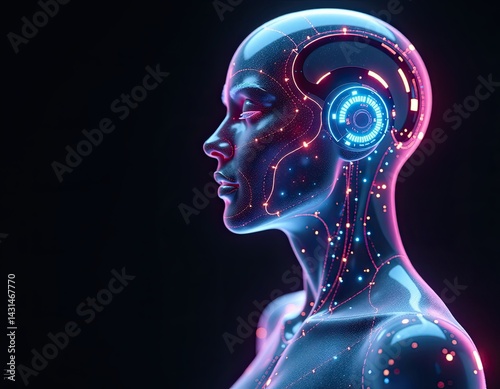 Obraz na płótnie Futuristic AI Woman, Cyborg Head Profile, Neon Lights, Digital Art w salonie