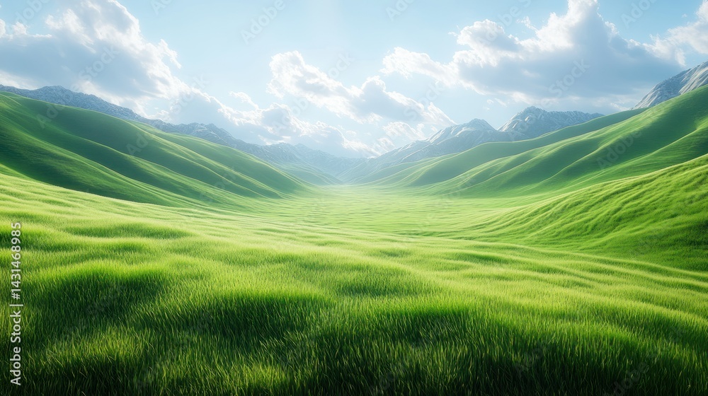 Fototapeta premium Lush green valley, sunlit mountains