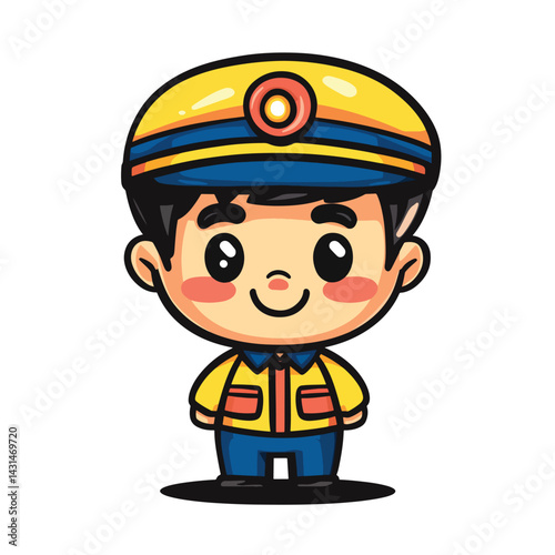 Bus Conductor boy mascot cute cartoon no details solid background bright