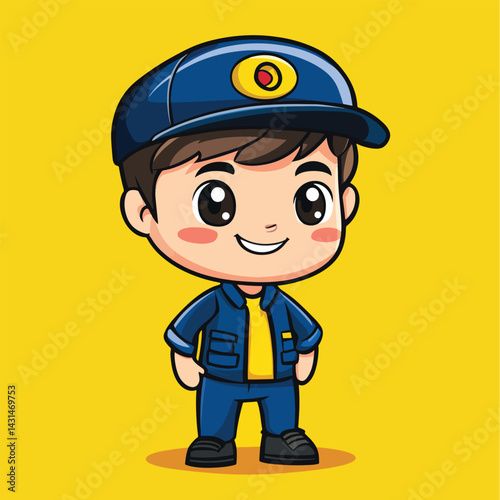 Bus Conductor boy mascot cute cartoon no details solid background bright