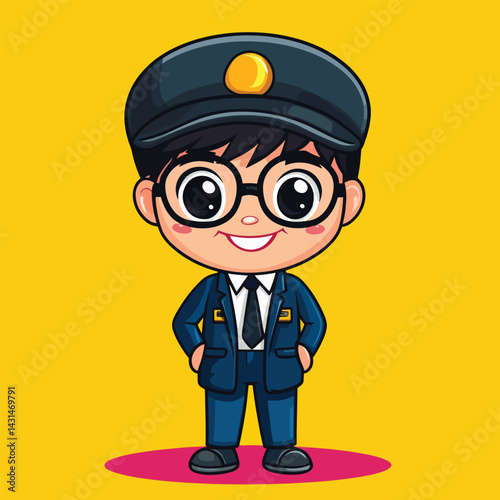 Bus Conductor boy mascot cute cartoon no details solid background bright