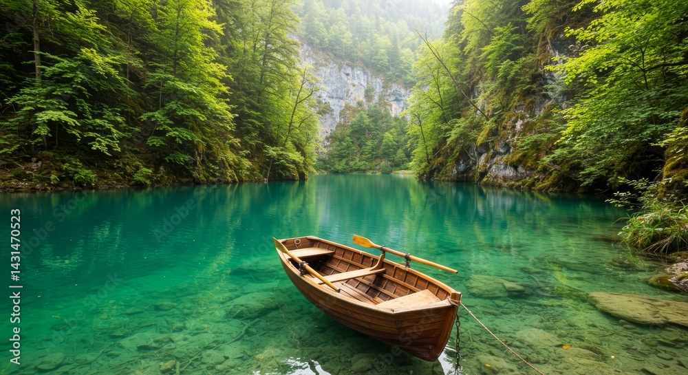 Obraz premium A wooden boat calmly floats through crystal clear turquoise water among rocky shores covered with dense forest greenery. Peace and harmony with nature, an ideal place for relaxation and solitude.
