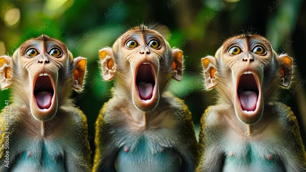 Three monkeys expressing surprise in a lush jungle setting