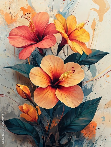 Flowers in shades of orange and yellow with green leaves on light background.