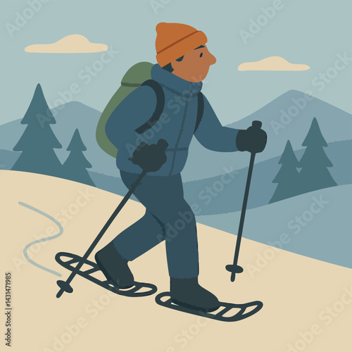 Man hiking with snowshoes and poles in snowy mountains, enjoying winter sports and outdoor activities