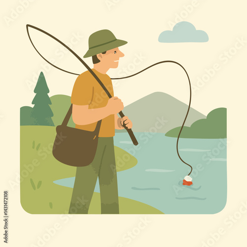 Young man enjoying a peaceful day fishing in a serene lake, surrounded by lush nature under a bright, sunny sky