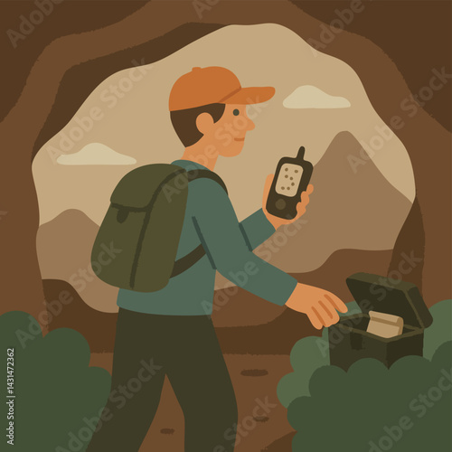 Geologist with backpack exploring cave using GPS device and discovering geocache with geological surveys inside