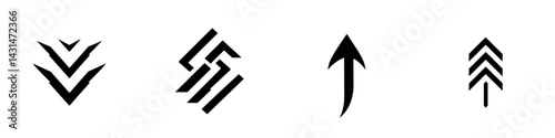 Vector illustration of four distinct arrow icons in black and white on a plain background, showcasing varying designs and directions