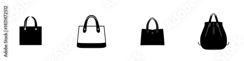 Various black and white vector illustrations of stylish bags for different occasions and uses