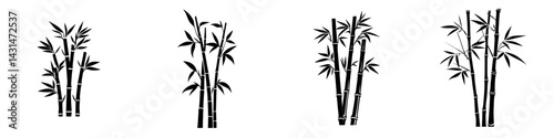 Vector illustration of black and white bamboo plants showcasing different arrangements and heights in a minimalist style