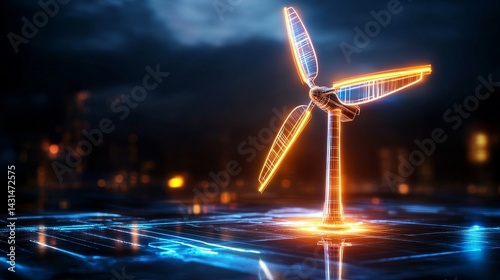 Innovative Wind Turbine Design in Futuristic Wireframe Urban Landscape Digital Art Night Environment Aerial View