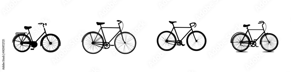 Different styles of bicycles depicted in black and white vector illustration showing various designs and shapes for cycling enthusiasts Different styles of bicycles depicted in black and white vector illustration showing various designs and shapes for cycling enthusiasts