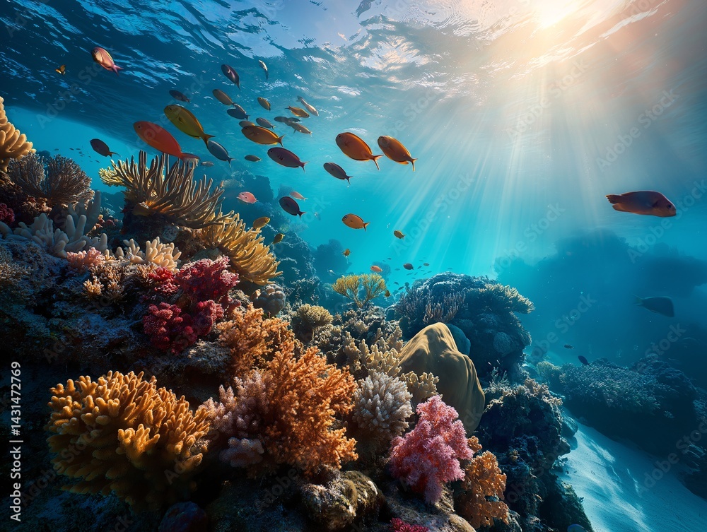 Obraz premium Underwater Coral Reef Ecosystem with Fish Swimming in Clear Ocean