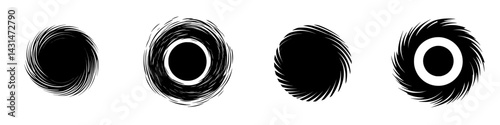 Vector illustration featuring four black and white swirling shapes symbolizing motion and dynamics