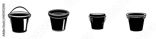 Multiple black and white vector illustrations of different bucket designs for various uses